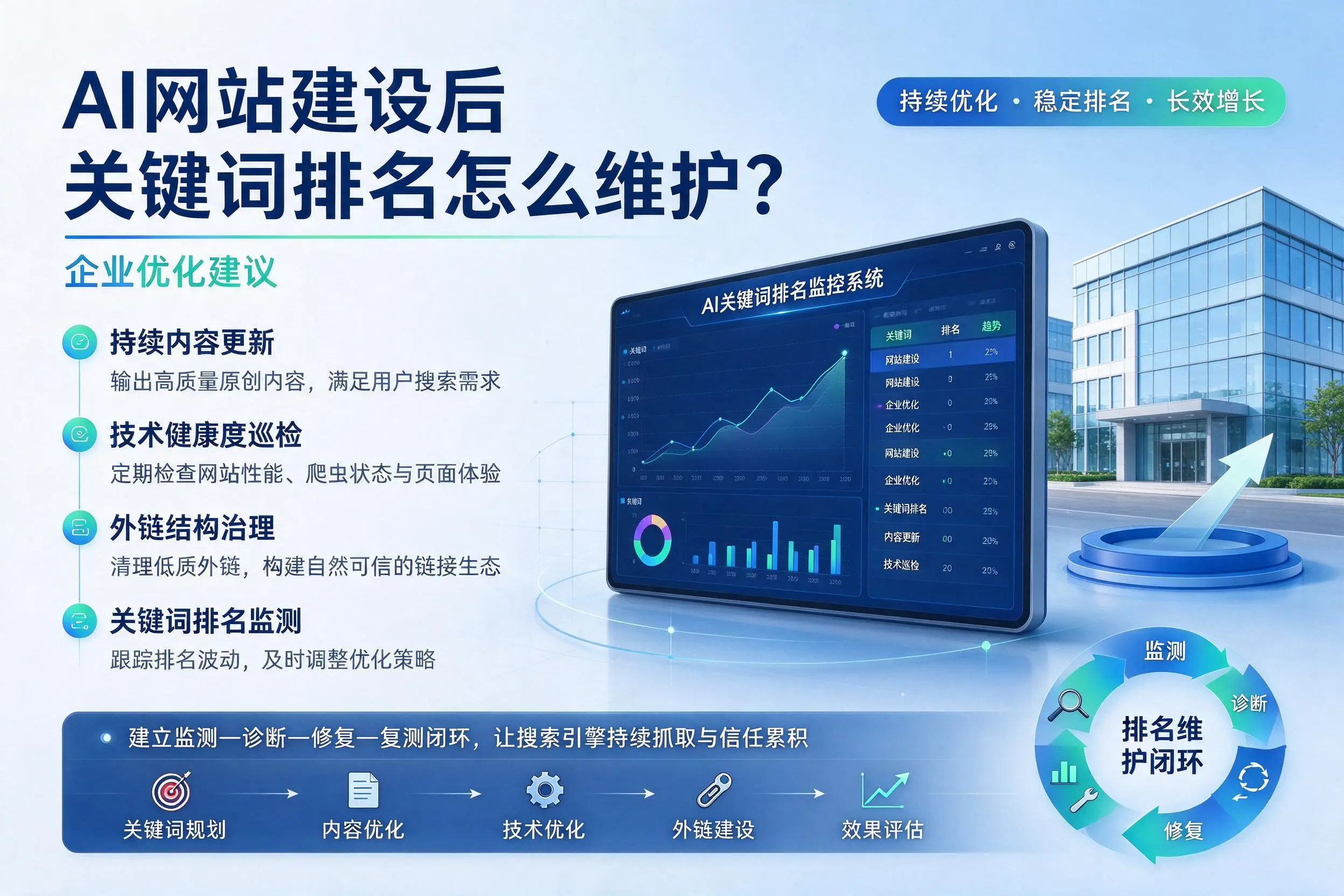 AI网站建设后关键词排名怎么维护？扬州企业优化建议